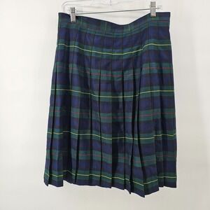 Women's Lands End Tartan Plaid Pleated Skirt Navy Green Size 10 Preppy